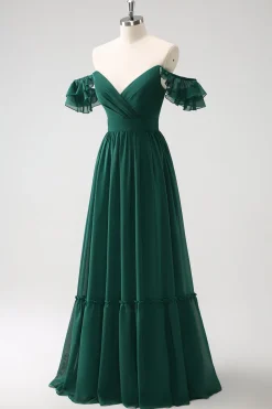 Verde escuro Uma linha V-Neck Chiffon longo vestido de dama de honra