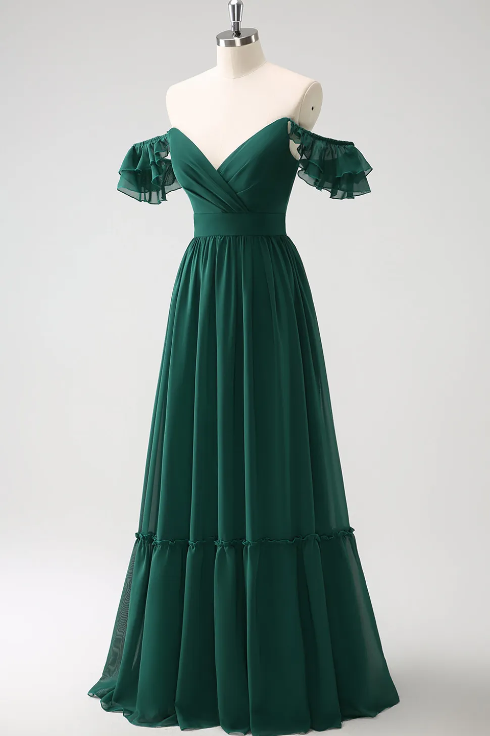 Verde escuro Uma linha V-Neck Chiffon longo vestido de dama de honra