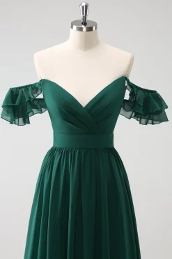 Verde escuro Uma linha V-Neck Chiffon longo vestido de dama de honra