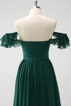 Verde escuro Uma linha V-Neck Chiffon longo vestido de dama de honra