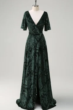 Verde Escuro Uma Linha V-Neck Burnout Veludo Vestido Floral Longo Madrinha