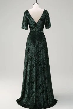 Verde Escuro Uma Linha V-Neck Burnout Veludo Vestido Floral Longo Madrinha