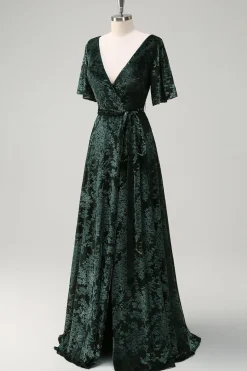 Verde Escuro Uma Linha V-Neck Burnout Veludo Vestido Floral Longo Madrinha