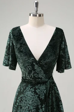 Verde Escuro Uma Linha V-Neck Burnout Veludo Vestido Floral Longo Madrinha