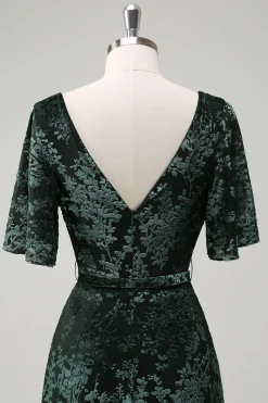 Verde Escuro Uma Linha V-Neck Burnout Veludo Vestido Floral Longo Madrinha