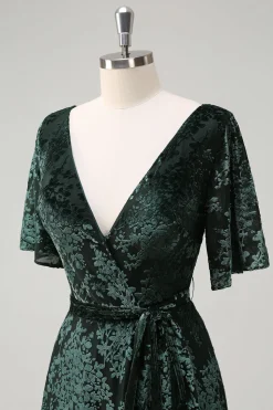 Verde Escuro Uma Linha V-Neck Burnout Veludo Vestido Floral Longo Madrinha