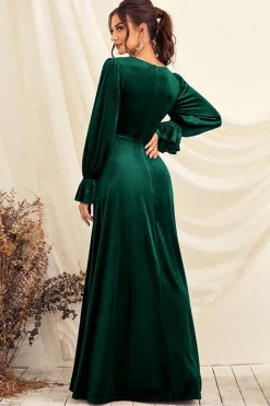 Verde escuro V pescoço veludo wrap longo vestido de baile com mangas compridas