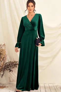 Verde escuro V pescoço veludo wrap longo vestido de baile com mangas compridas