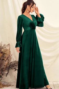 Verde escuro V pescoço veludo wrap longo vestido de baile com mangas compridas
