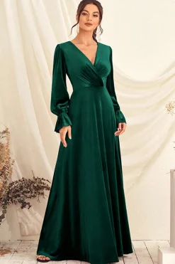 Verde escuro V pescoço veludo wrap longo vestido de baile com mangas compridas