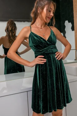 Verde Escuro Veludo Curto Vestido de Festa