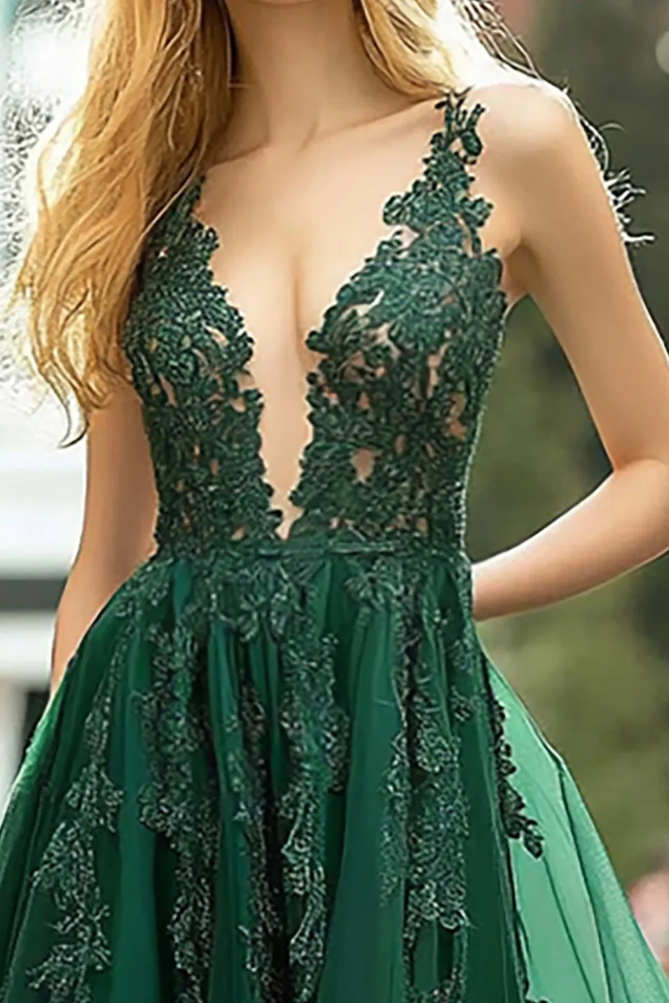 Verde escuro V-neck Appliqued Tulle Long Prom Dress com fenda