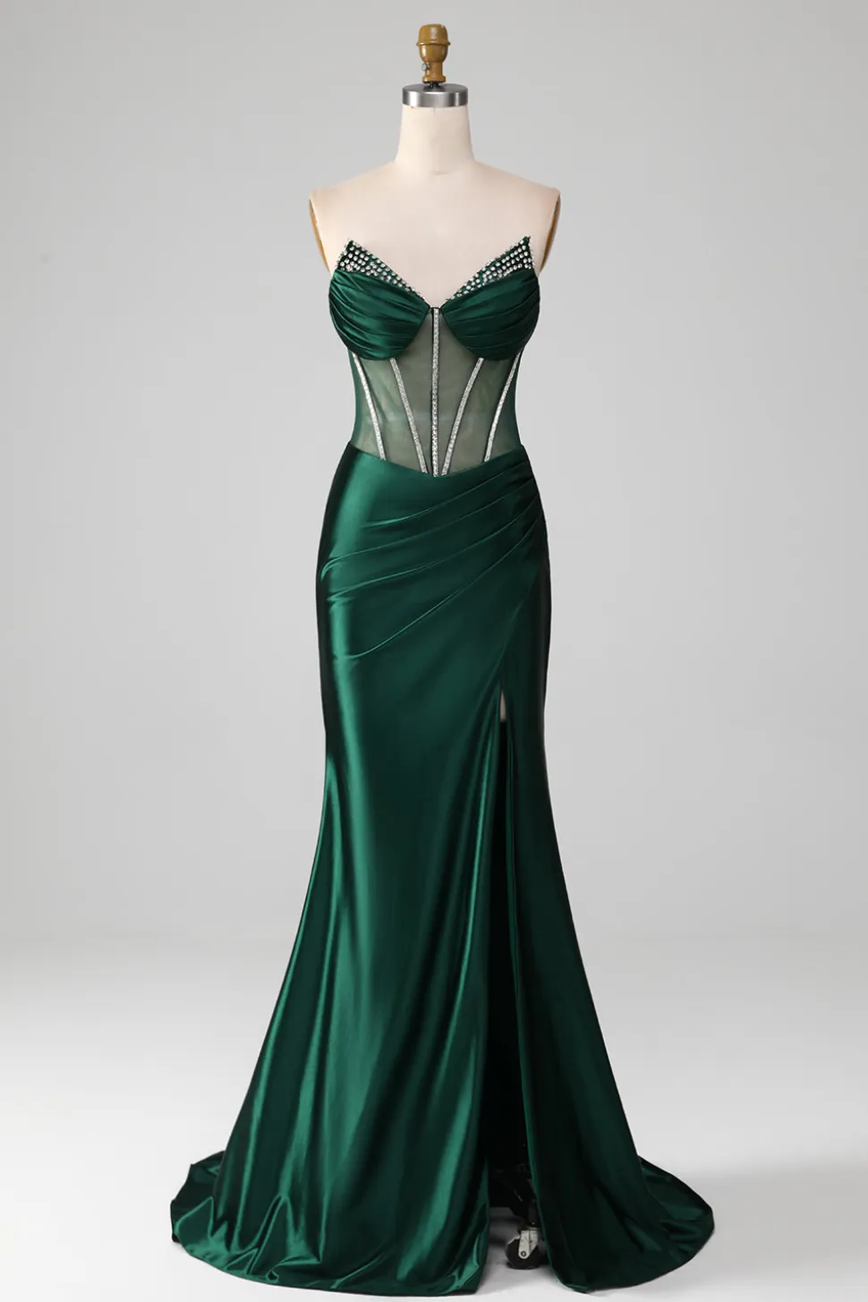 Verde escuro V-neck espartilho sem alças sereia vestido de baile plissado