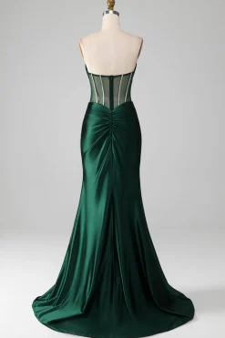 Verde escuro V-neck espartilho sem alças sereia vestido de baile plissado