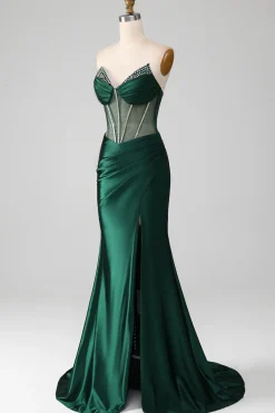 Verde escuro V-neck espartilho sem alças sereia vestido de baile plissado