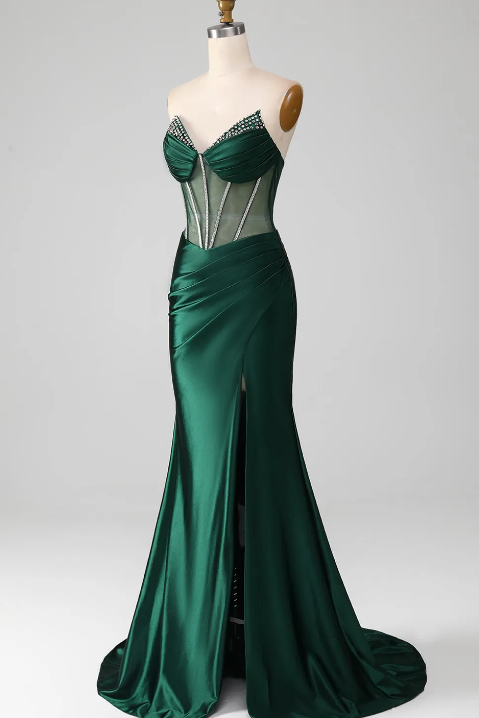 Verde escuro V-neck espartilho sem alças sereia vestido de baile plissado