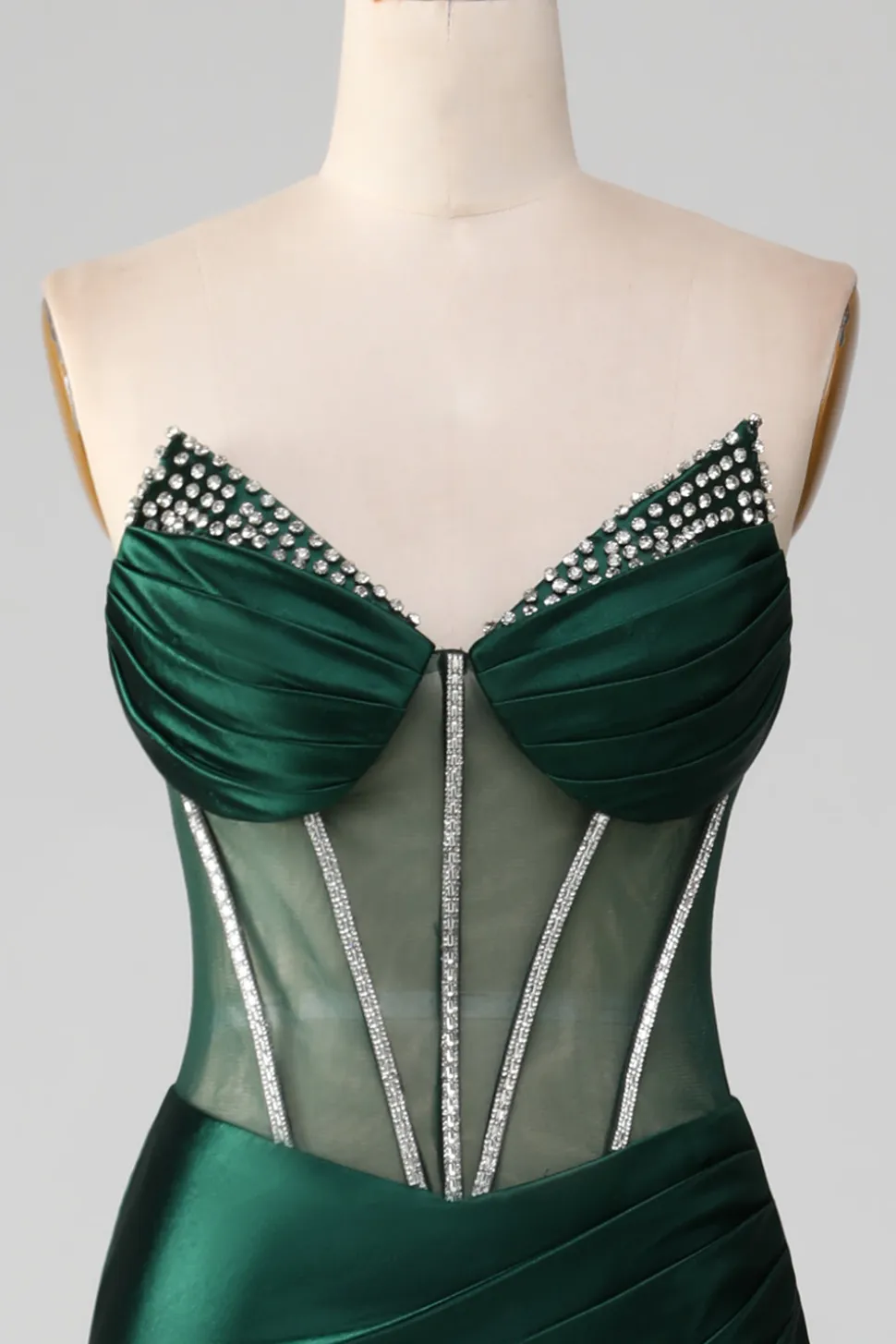 Verde escuro V-neck espartilho sem alças sereia vestido de baile plissado