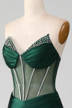 Verde escuro V-neck espartilho sem alças sereia vestido de baile plissado