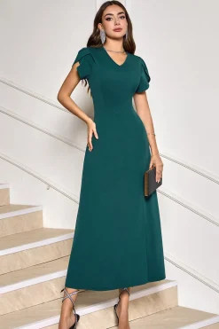 Verde escuro V-Neck Midi Cocktail Party Dress com mangas curtas