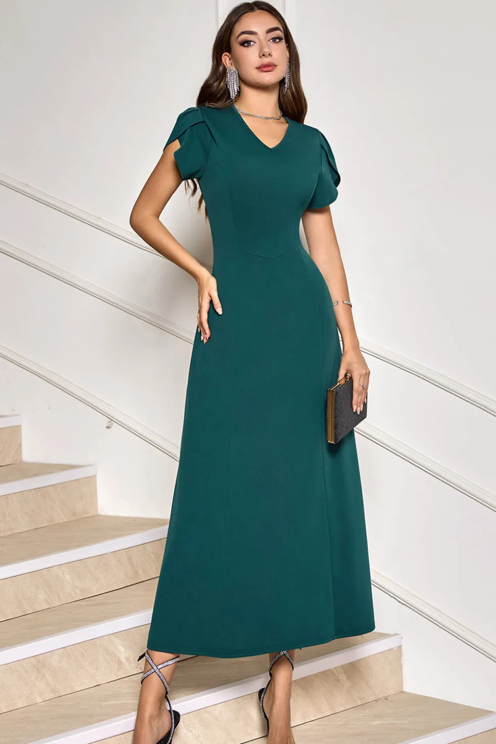 Verde escuro V-Neck Midi Cocktail Party Dress com mangas curtas
