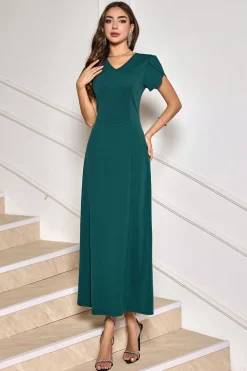 Verde escuro V-Neck Midi Cocktail Party Dress com mangas curtas