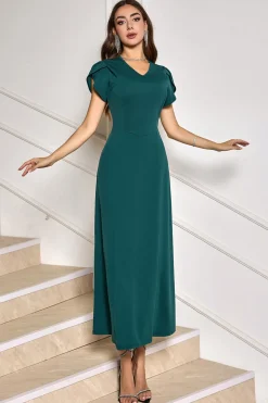 Verde escuro V-Neck Midi Cocktail Party Dress com mangas curtas