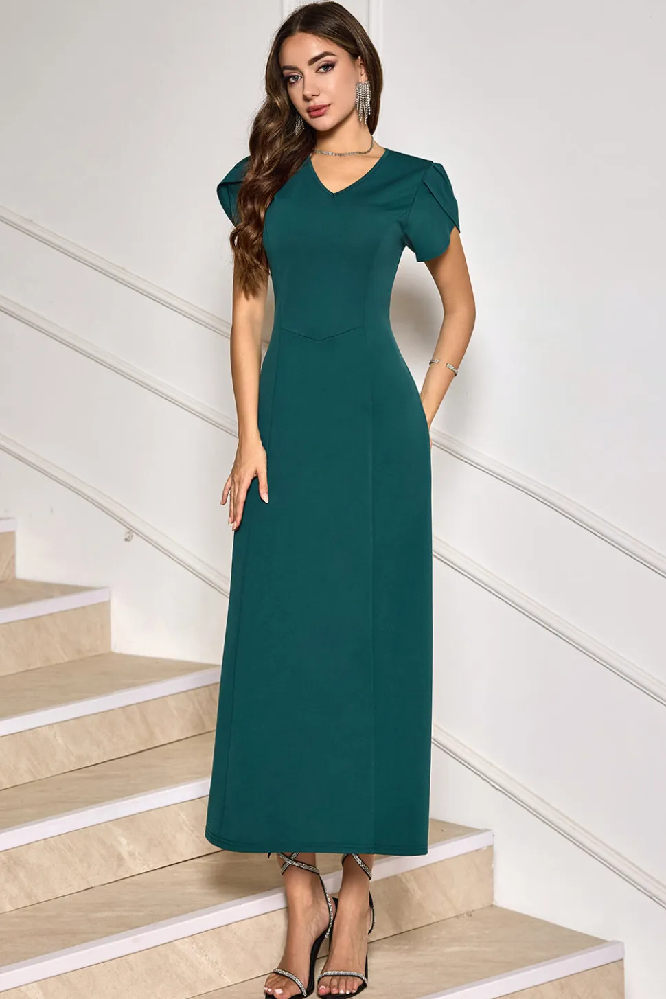 Verde escuro V-Neck Midi Cocktail Party Dress com mangas curtas