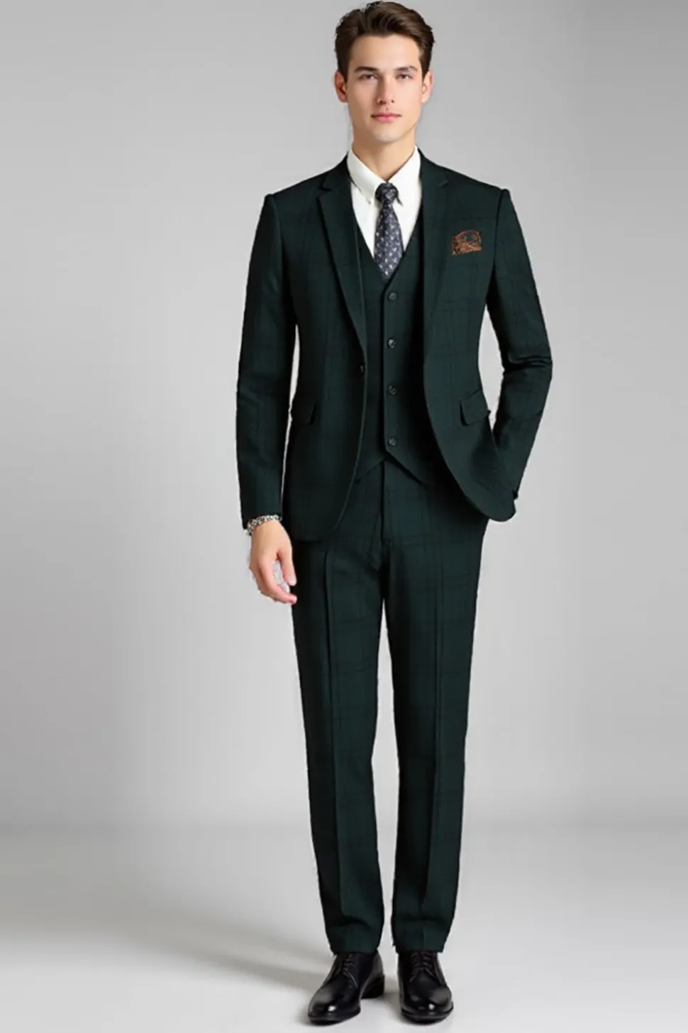 Verde Escuro Xadrez 3 Peças Notched Lapela Fato Homem