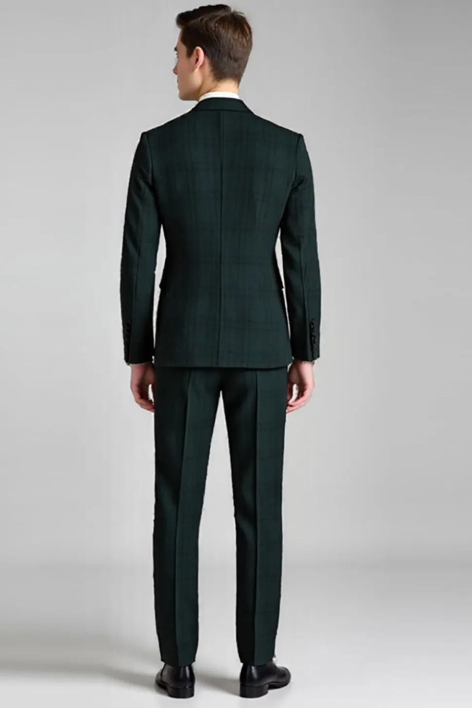 Verde Escuro Xadrez 3 Peças Notched Lapela Fato Homem