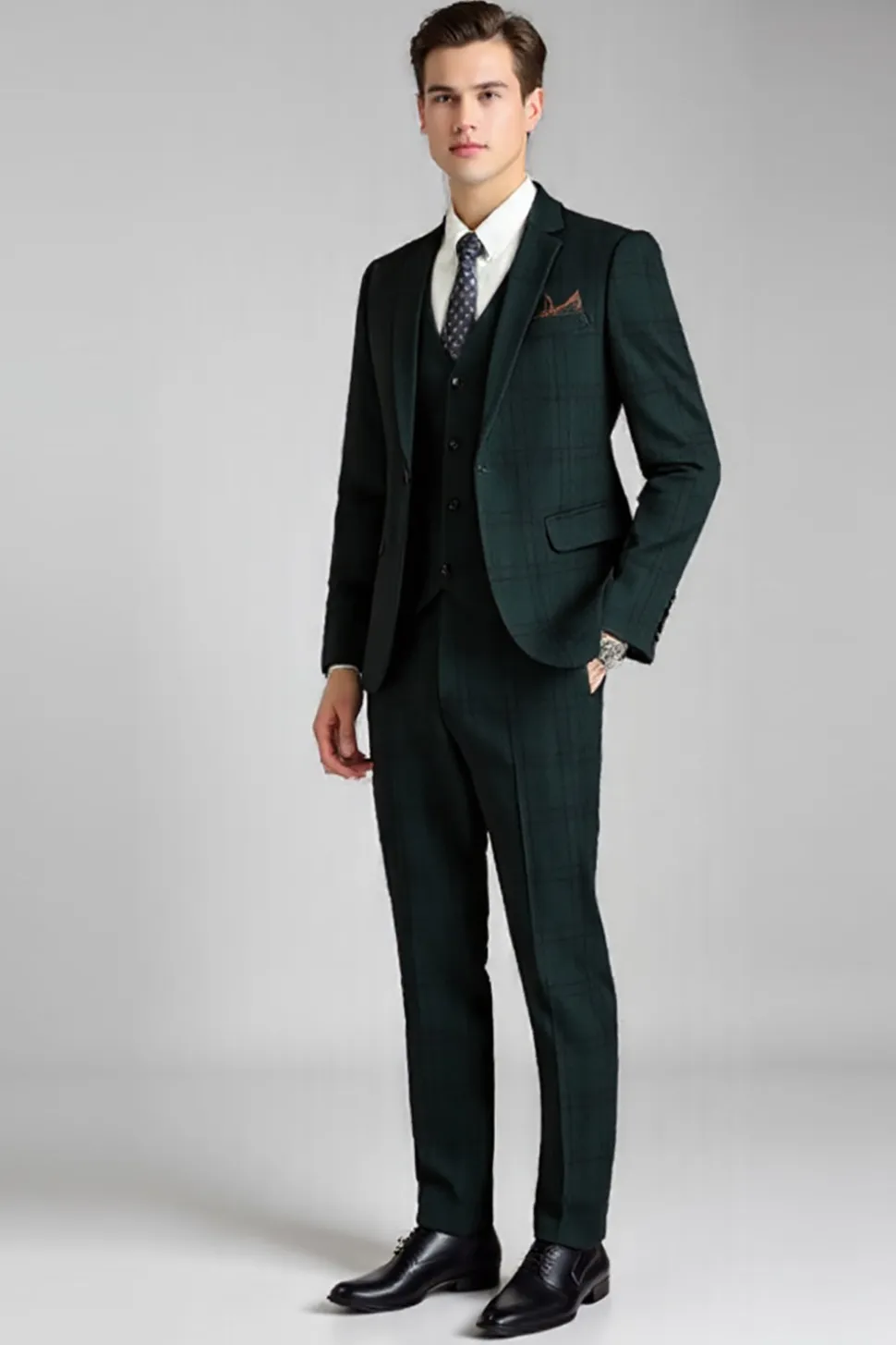 Verde Escuro Xadrez 3 Peças Notched Lapela Fato Homem