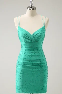 Verde Esparguete Correias Backless Tight Homecoming Dress com Missangas