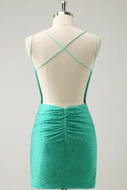 Verde Esparguete Correias Backless Tight Homecoming Dress com Missangas
