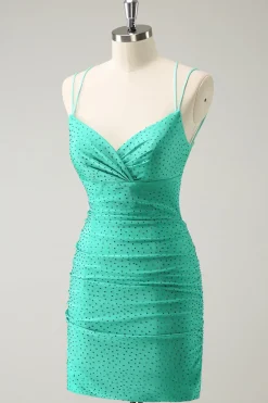 Verde Esparguete Correias Backless Tight Homecoming Dress com Missangas