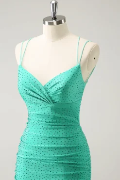 Verde Esparguete Correias Backless Tight Homecoming Dress com Missangas