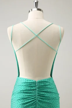 Verde Esparguete Correias Backless Tight Homecoming Dress com Missangas