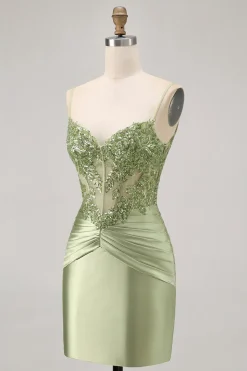 Verde Espartilho Sem Alças Sequins Bodycon Vestido Curto Homecoming com Apliques