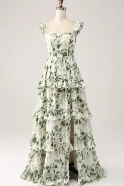 Verde Floral Ruffles Tiered Prom Dress com Fenda