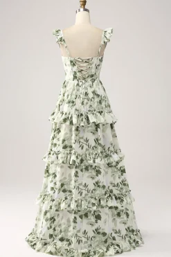 Verde Floral Ruffles Tiered Prom Dress com Fenda