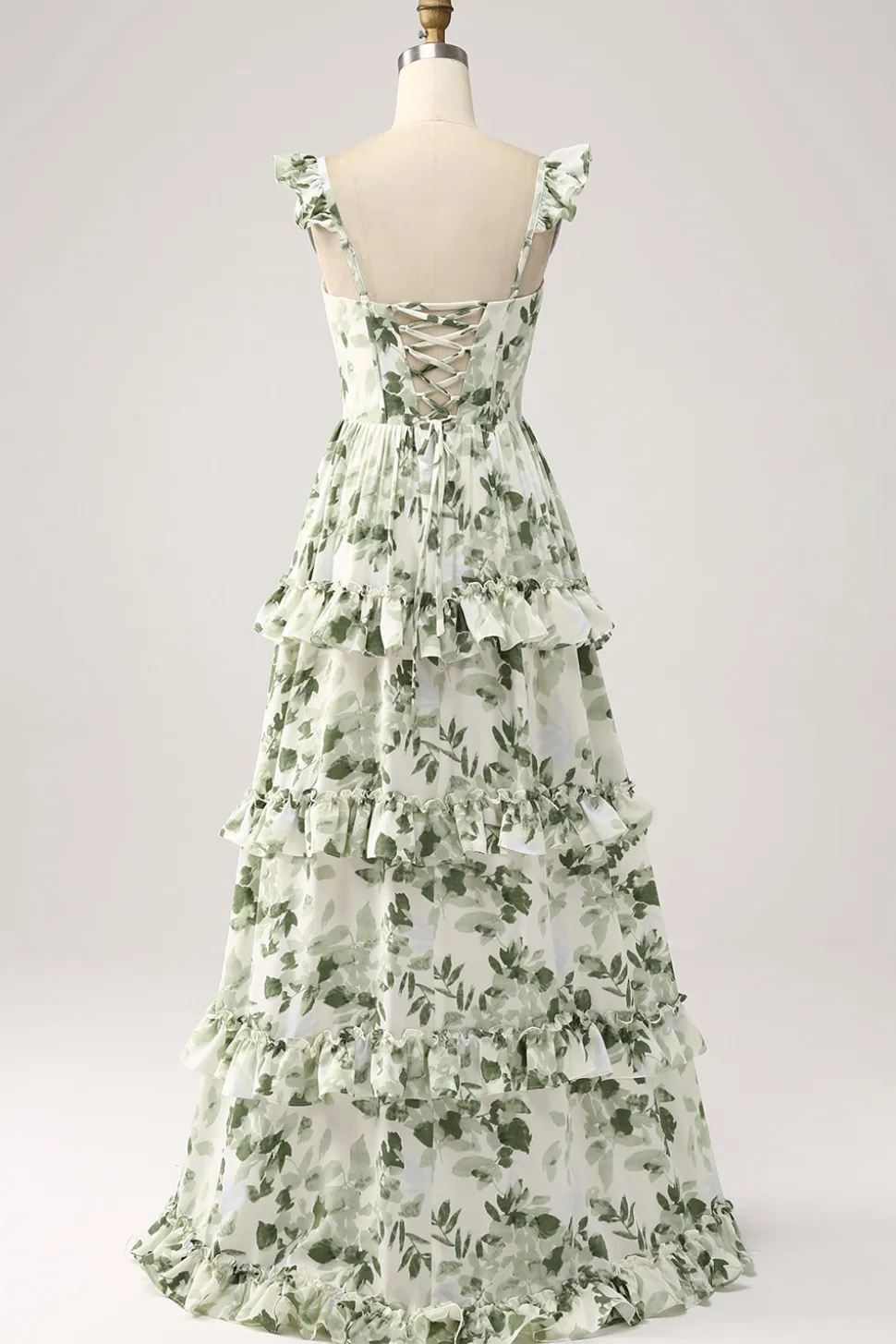 Verde Floral Ruffles Tiered Prom Dress com Fenda