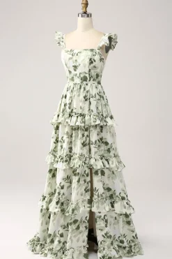 Verde Floral Ruffles Tiered Prom Dress com Fenda