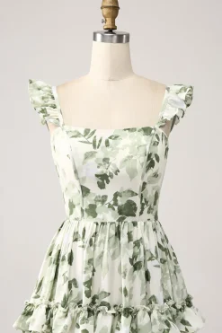 Verde Floral Ruffles Tiered Prom Dress com Fenda