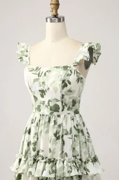 Verde Floral Ruffles Tiered Prom Dress com Fenda