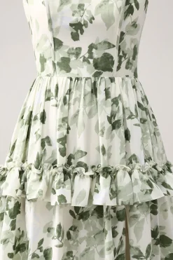 Verde Floral Ruffles Tiered Prom Dress com Fenda