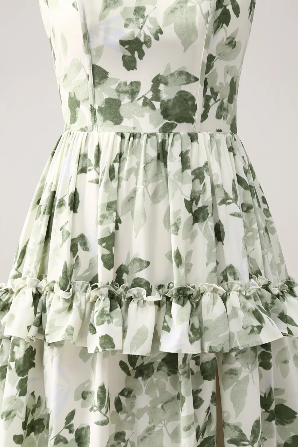 Verde Floral Ruffles Tiered Prom Dress com Fenda