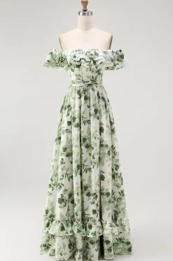 Verde Floral Uma linha fora do ombro babado vestido de dama de honra