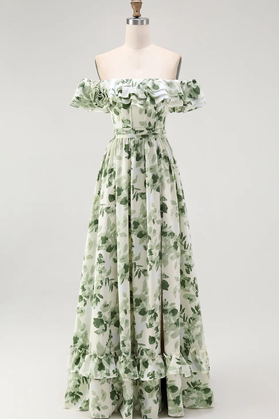 Verde Floral Uma linha fora do ombro babado vestido de dama de honra
