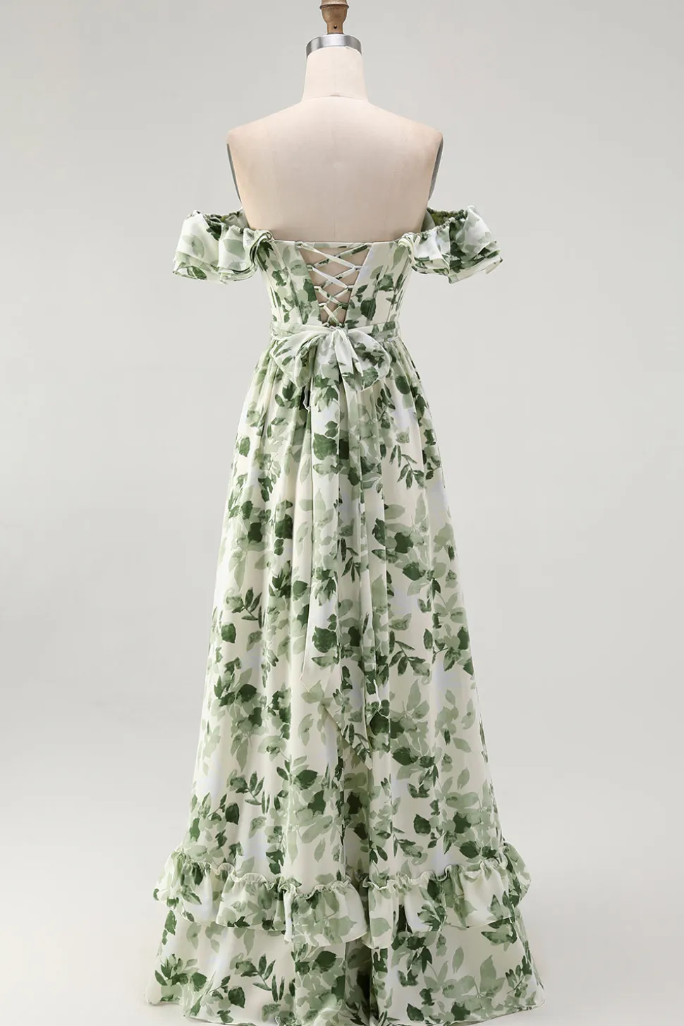 Verde Floral Uma linha fora do ombro babado vestido de dama de honra