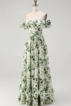 Verde Floral Uma linha fora do ombro babado vestido de dama de honra
