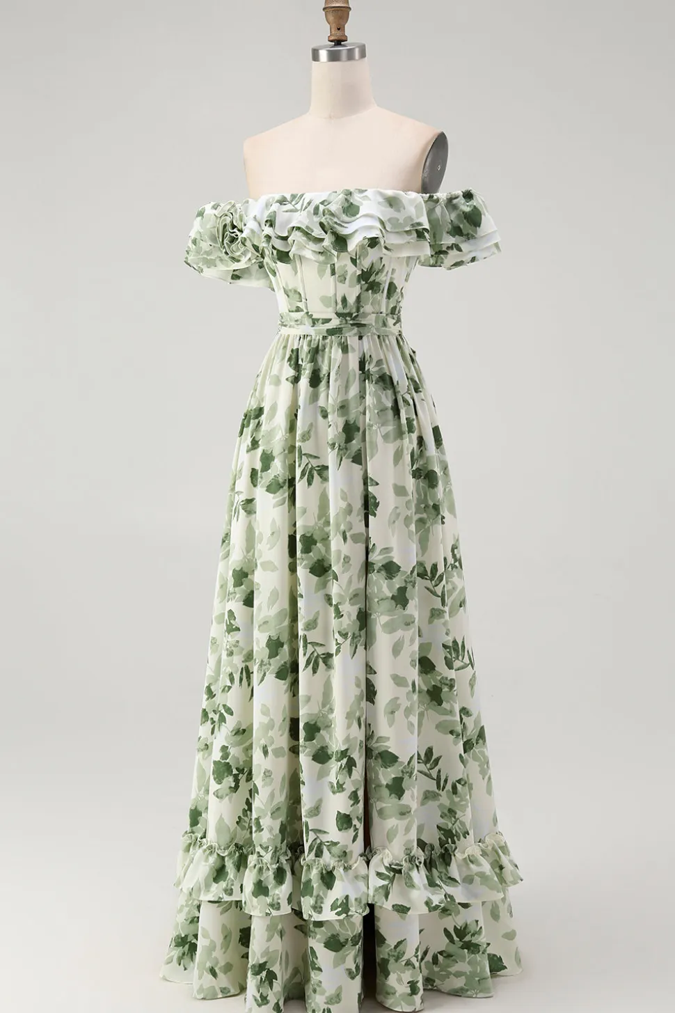 Verde Floral Uma linha fora do ombro babado vestido de dama de honra