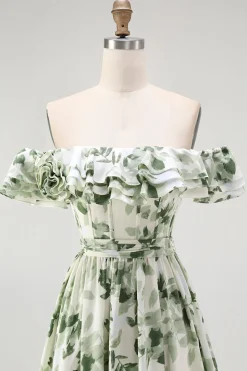 Verde Floral Uma linha fora do ombro babado vestido de dama de honra